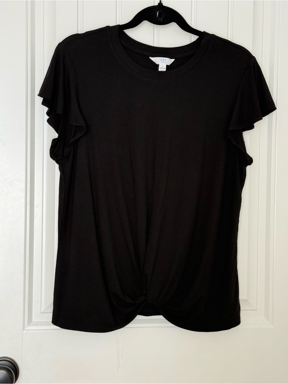 Time and Tru Black Flutter Sleeve Knot-Front Short Sleeve Top